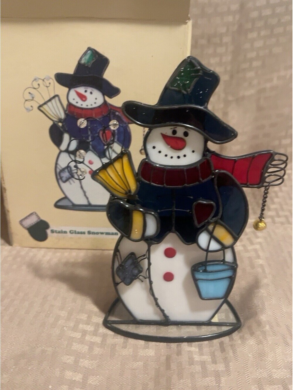 Vintage Stained Glass Snowman Votive Candle Holder Christmas NOS NIB 8” W/ bell